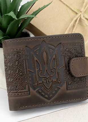 Кожаный мужской кошелек портмоне герб украины вышиванка hc0041 brown