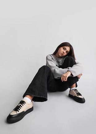 Кеды женские кожа натуральная бежевые черный носок 7006-01be