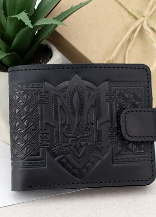 Кожаный мужской кошелек портмоне герб украины вышиванка hc0041 black