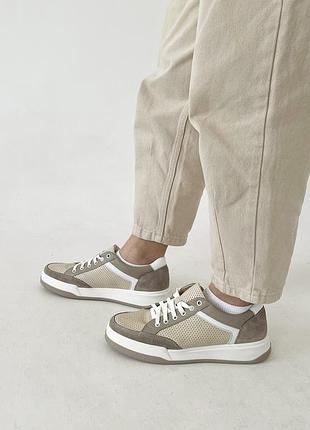 Кроссовки летние женские кожа замша перфорация бежевые v7-e7-16