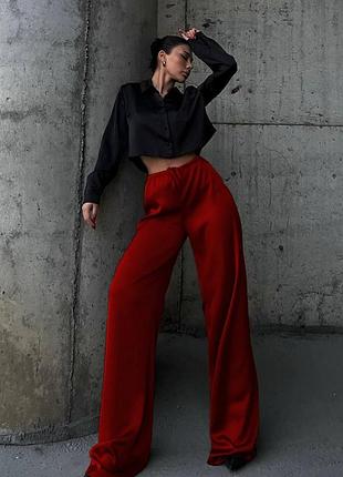 Женские летние шелковые брюки брюки палаццо с высокой посадкой на резинке с завязкой широкие на лето красные