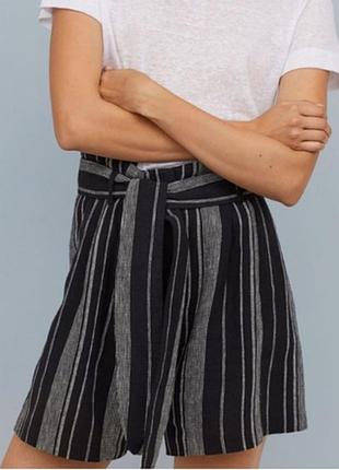 Шорты бермуды женские h&amp;m sm черно-белые в полоску лен вискоза высокая посадка с поясом и карманами