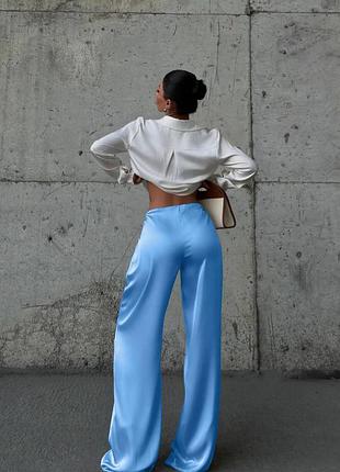 Женские летние шелковые брюки палаццо с высокой посадкой на резинке с завязкой широкие голубые