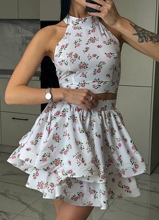 Праздничный костюм с юбкой мини юбка многослойная топ через шею спинка цветочный принт цветы