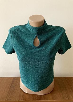 Футболка terranova зелена люрекс, нарядна футболка, укорочена футболка, стан ідеальний