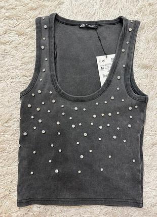 Трендовий кроп топ в рубчик з камінчиками zara на м