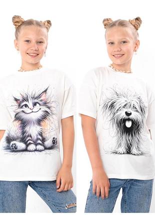 Подростковая футболка оверсайз х котиком, футболка свободного кроя для девочек с песиком, футболка для девочек кот, собачка