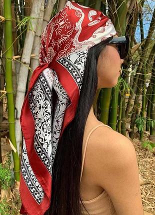 Шелковый платок красного-белого цвета платье бандана на голову 90х90