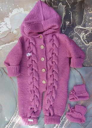 Детский вязаный комбинезон ручной работы + пинетки для вашего малыша, 50% шерсть 50% акрил, на возраст 3-6месяцев.