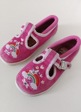 Р 7 / 24 розовые босоножки сандалии тапочки мокасины на девочку с радугой и единорогом