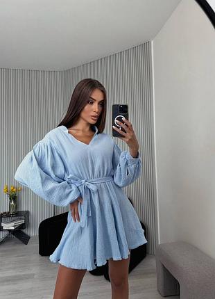 Жіноча сукня плаття з натуральної тканини бавовни мусліну муслінова з поясом пишними рукавами