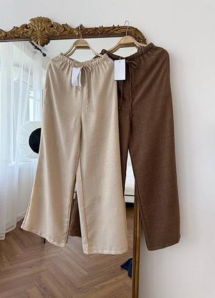 Женские льняные брюки свободного кроя палаццо на резинке шнурком, брюки из льна легкие на лето