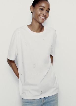 Футболка zara із щильної бавовни з камінчиками хлопковая футболка