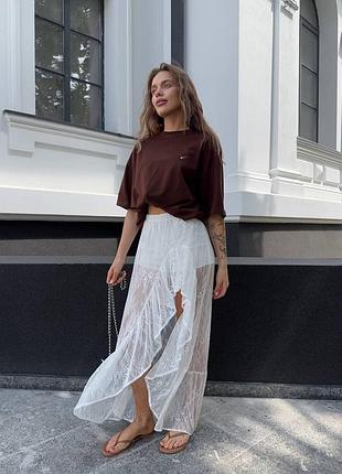 Жіноча гіпюрова спідниця максі з розрізом з шортами мережив юбка літня легка якісна молочна чорна з рюшами