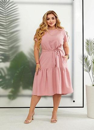 Платье из натуральной ткани, свободный крой, с поясом, платье штапель, платье батал