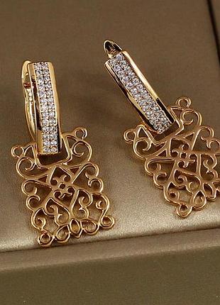 Сережки xuping jewelry дві доріжки з ажурними прямокутниками 2,8 см золотисті love-shopping