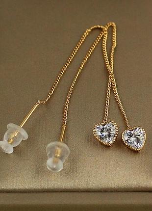 Серьги продевки xuping jewelry камешки сердечко 8,5 см золотистые love-shopping