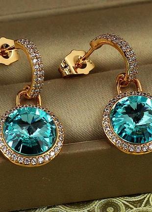 Серьги подвески xuping jewelry сваровски романс с голубыми камнями 2,8 см золотистые love-shopping