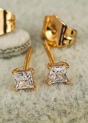 Серьги гвоздики xuping jewelry квадратные камешки 4 мм золотистые love-shopping
