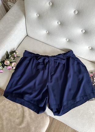 Легкі темно сині літні шорти з високою талією на завʼязках