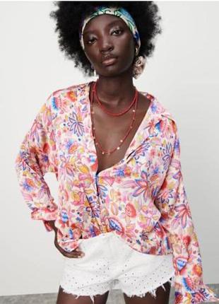 Рожева оверсайз-сорочка з квітковим принтом zara nwt з довгими рукавами, розмір xs s m