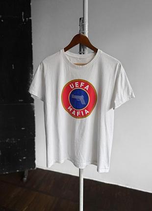 Uefa mafia mens white soccer short sleeve t-shirt big center print чоловіча, біла футболка з футбольним принтом