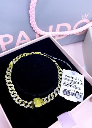 Пандора pandora оригинальная бирка серебряный браслет цепь цепочка звено кубинское плетение прозрачные камушки позолота золото серебро s925 ale новое
