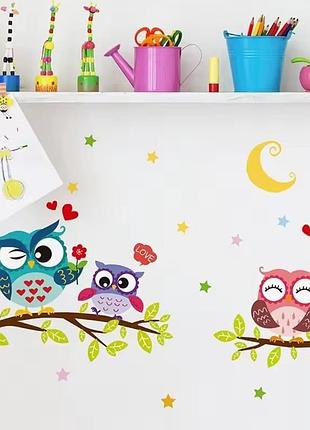 Наклейка на стену 3 совы на ветке (лист 30 х 40 см) б381