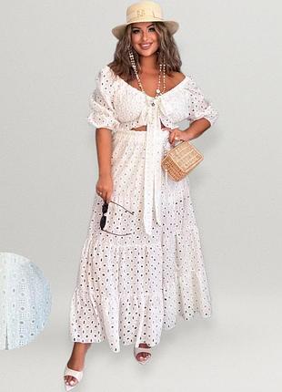 Костюм женский батал летний из прошвы белый комплект юбка и топ - блуза хлопок пляжный повседневный бохо