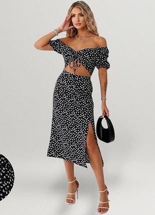 Костюм женский летний из штапеля топ с открытыми плечами и юбка миди в цветы праздничный романтичный комплект черный