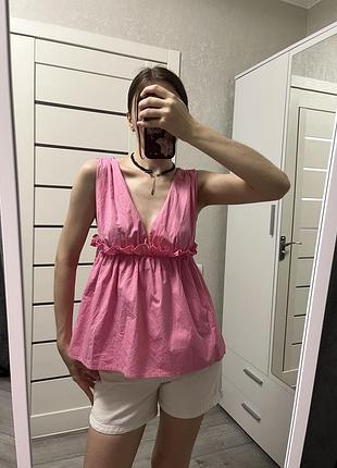 Жіноча рожева бавовняна блуза babydoll з хрусткої бавовни з драпіруванням