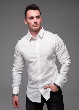 Молочная мужская рубашка на лето, лен, отложной воротник