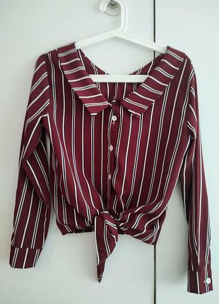 Блуза жіноча що зв'язується  з переду, кольору бурунді в біло-чорну смужку