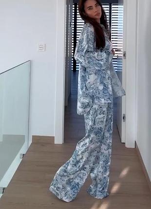 Костюм двойка женский брючный летний оверсайз рубашка брюки белый - тигры