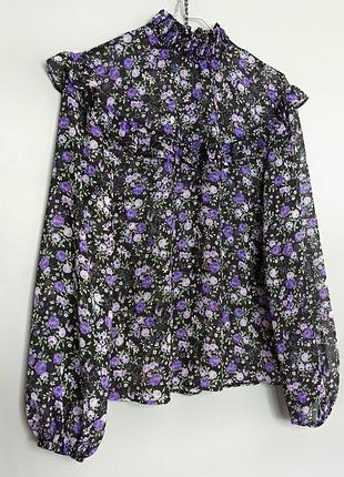 🌿 невесомая шифоновая блуза цветочный принт 🌿 h&m размер xs шифон черный фиолетовый зеленый рюши