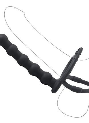 Насадка для подвійного проникнення без вібрації з кульками, силіконова анальна насадка чорного кольору sexshop tfa