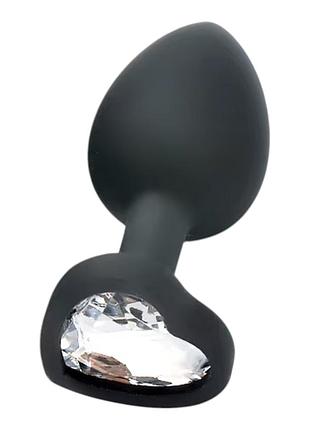 Анальна пробка серце середня силіконова з прозорим каменем anal plug heart чорного кольору розмір m sexshop tfa