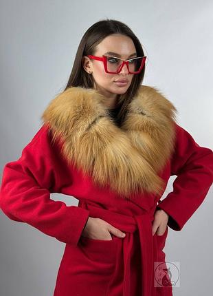 Пальто осіннє червоне жіноче з натуральним хутром золотистої лисиці. розміри з 42 до 54