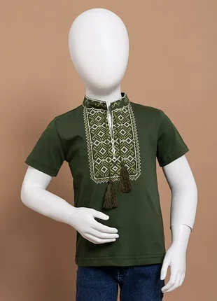 Вышиванка для мальчиков 8448 короткий рукав хаки зеленая