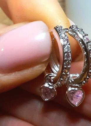 Очень милые серьги-кольца с сердечками серебро 925 проби