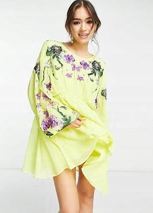 Asos edition - мини-платье с рукавами-блузон и вышитым верхом желтого цвета