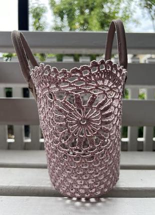 В'язана,ажурний кошик,ручки шкіра,ручної роботи 4