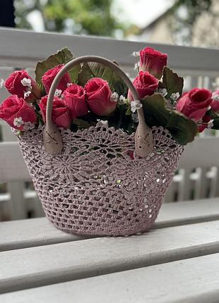 Вязаная, ажурная корзина, ручки кожа, ручной работы 6