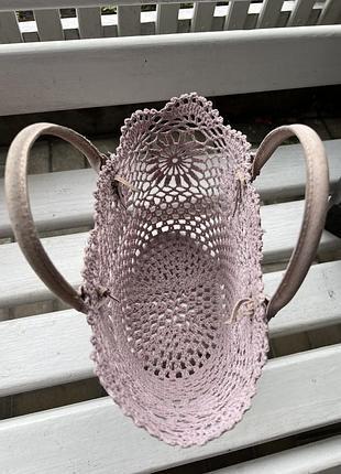 В'язана,ажурний кошик,ручки шкіра,ручної роботи 7