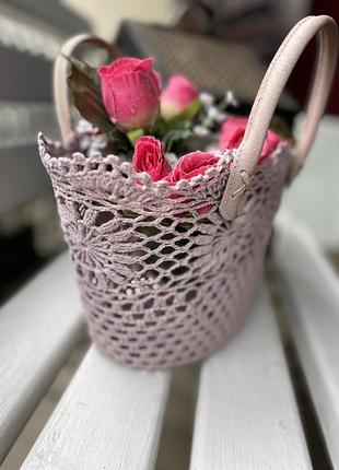 Вязаная, ажурная корзина, ручки кожа, ручной работы 8