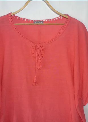 Итальянская натуральная летняя блуза оверсайз коралловый цвет батал 56-58