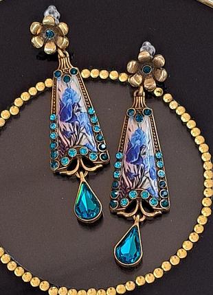 Серьги синие цветы ирисы, дизайнерские, винтажный стиль