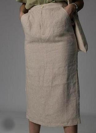 Юбка юбка бежевая из 100% льна миди с тобой карманами итальялия bianca