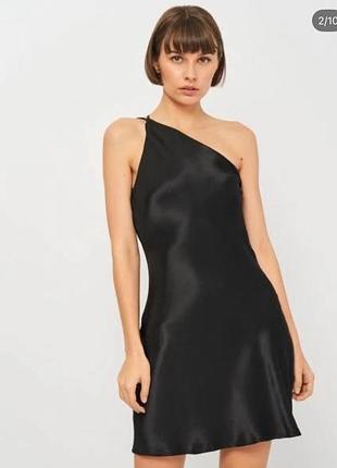 Атласна асиметрична чорна сукня від zara, сукня чорна на одне плече, в білизняному стилі сукня атлас, м