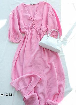 Платье женское муслиновое летнее весеннее бохо с рукавами фонариками и завышенной талией розовое